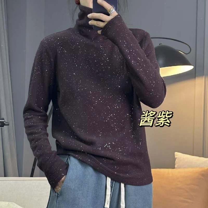 7119太谷休闲简约双面绒感闪闪片高领纯色上衣时尚百搭秋冬打底