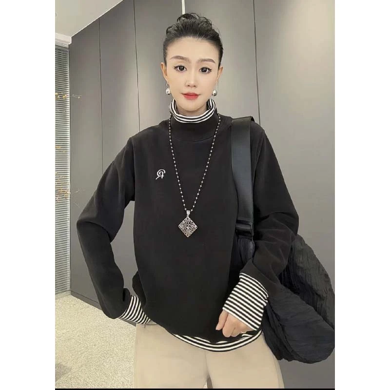 6958太谷休闲简约宽松百搭拼接条纹长袖套头加厚卫衣假两件