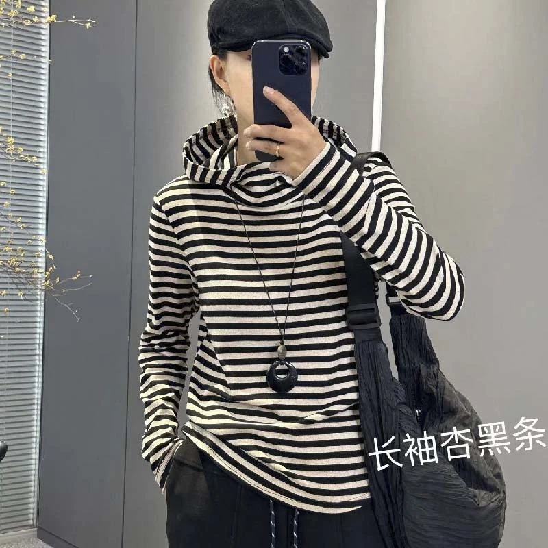 6805【宝藏衣橱上新】太谷休闲简约宽松流浪丹宁条纹连帽长袖上衣