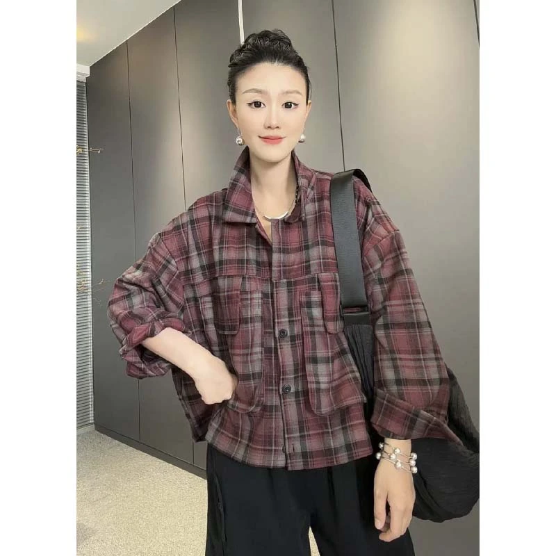 6727【宝藏衣橱上新】太谷休闲宽松口袋磨毛格子高智淡人衬衣开衫