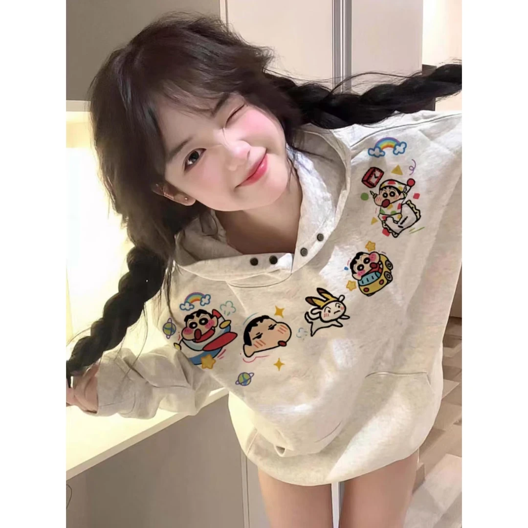 刺绣甜美韩系趣味连帽卫衣女2024秋冬新款慵懒风宽松加绒加厚上衣