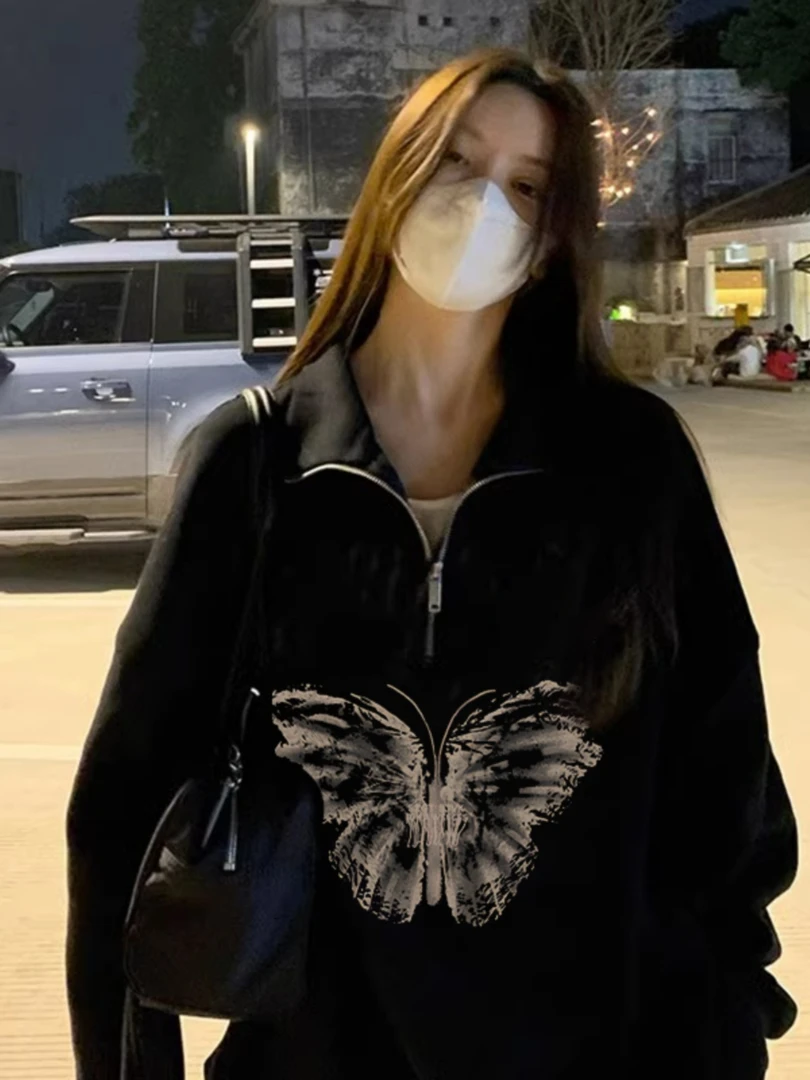 美式复古山东即墨卫衣女秋冬黑色加绒大码半拉链polo领设计感上衣