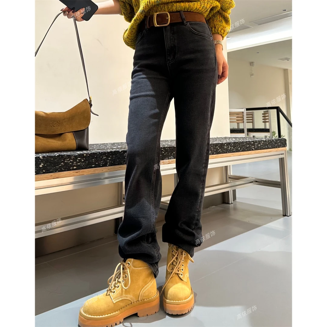 #0790#黑色百搭加绒小直筒牛仔裤