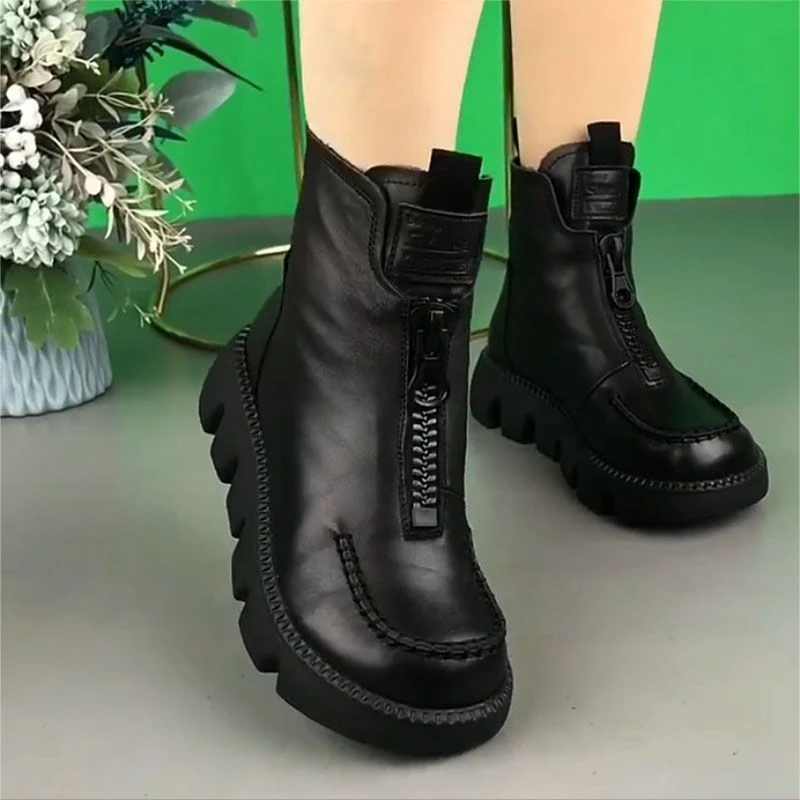 真软皮休闲百搭马丁靴女秋冬新款保暖棉靴百搭复古防滑厚底女靴