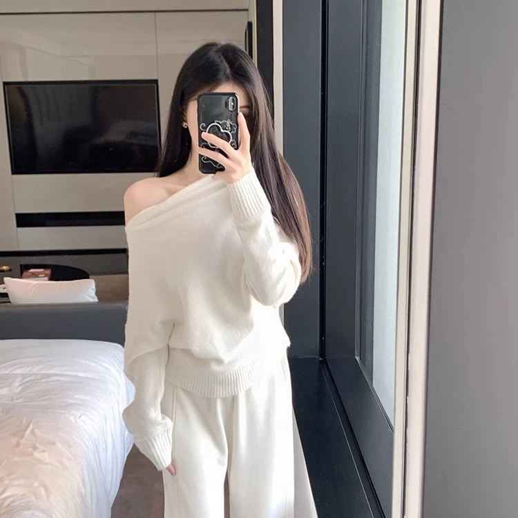 2025早秋新款长袖斜肩针织衫套头气质百搭显瘦时尚休闲毛针织开衫