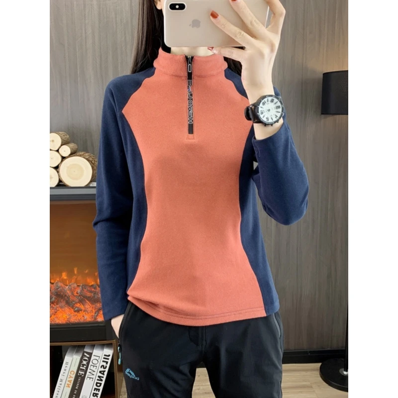 双面德绒卫衣女秋套头抓绒衣户外运动加厚加绒单穿上衣冬季打底衫