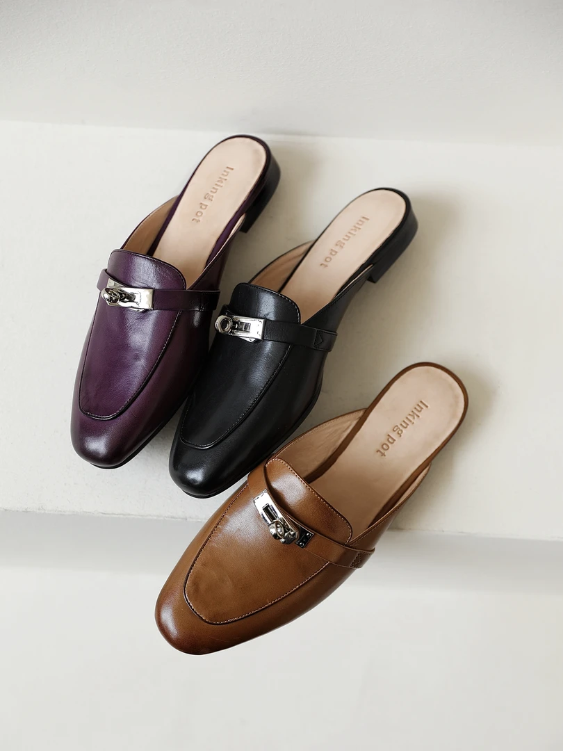 升级马皮版GD锁扣真皮包头舒服穆勒拖鞋女平跟圆头