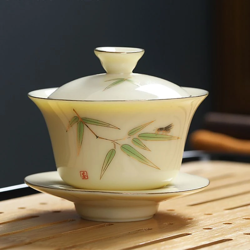 宝石黄描金盖碗陶瓷手工贴花三才盖碗家用大容量单个泡茶碗敬茶杯