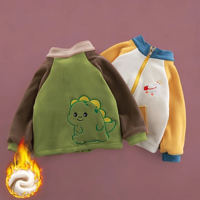 儿童秋冬加绒保暖棉袄外套卡通刺绣拼色可爱棉服中小童男女童童装