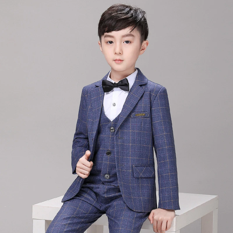 2024男童格子小西装秋冬新款儿童西服套装花童礼服钢琴走秀服加绒