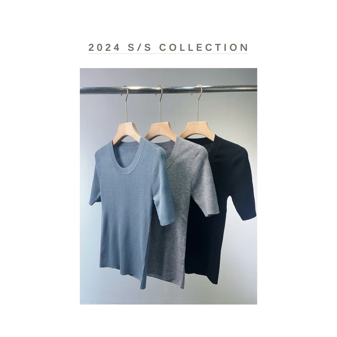 春夏U领显瘦百搭超细羊毛针织时尚纯色轻奢修身中袖上衣