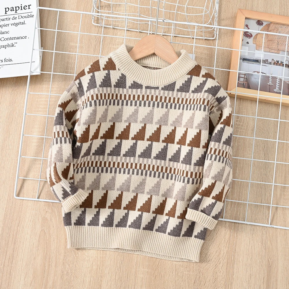 不规则图案加厚套头线衫男童冬季圆领提花毛衣针织衫安哥拉线衫