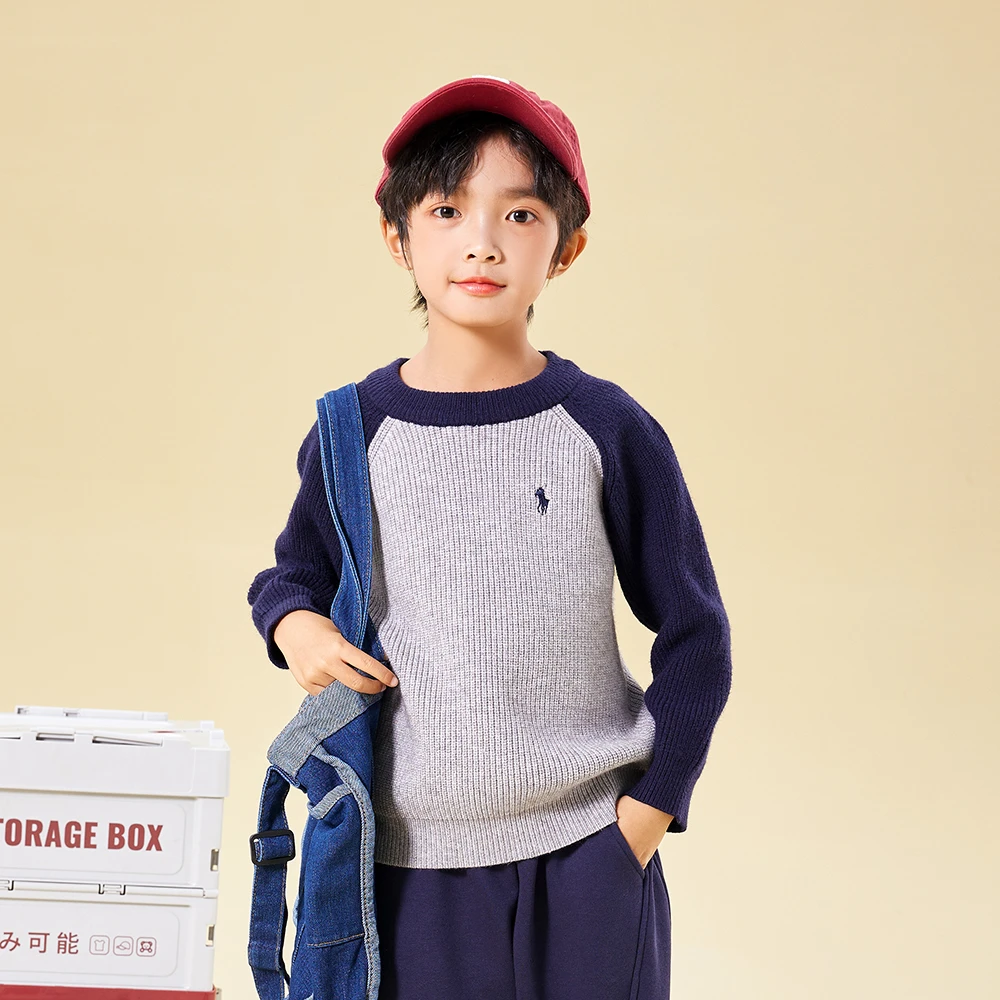 儿童拼接图案加厚套头线衫男童冬季圆领提花毛衣针织衫青少年线衫