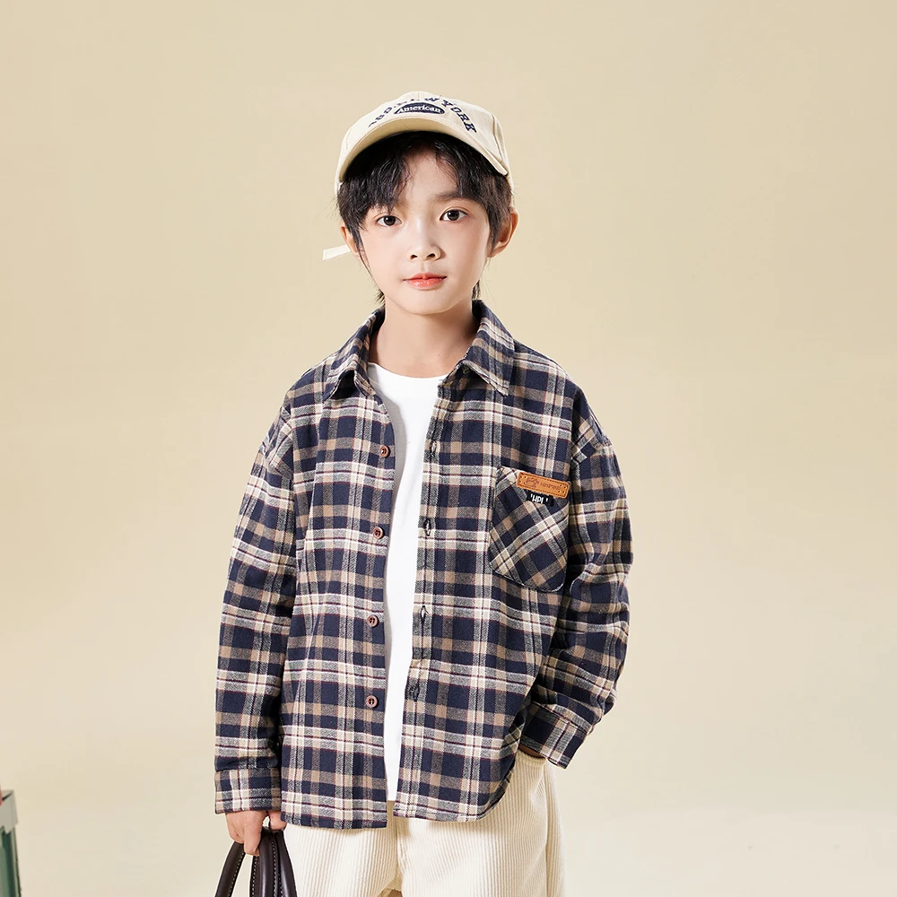 男童衬衫2024年春装新款春秋长袖帅气格子潮款儿童外套春衬衣青格