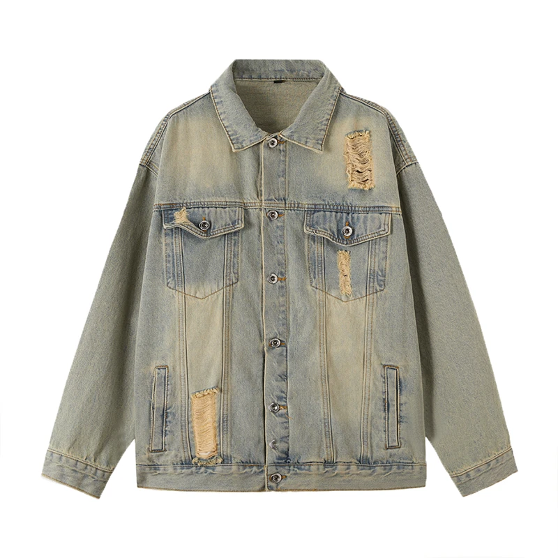 美式街头破洞牛仔外套男春季高街水洗做旧潮牌复古高级感翻领夹克