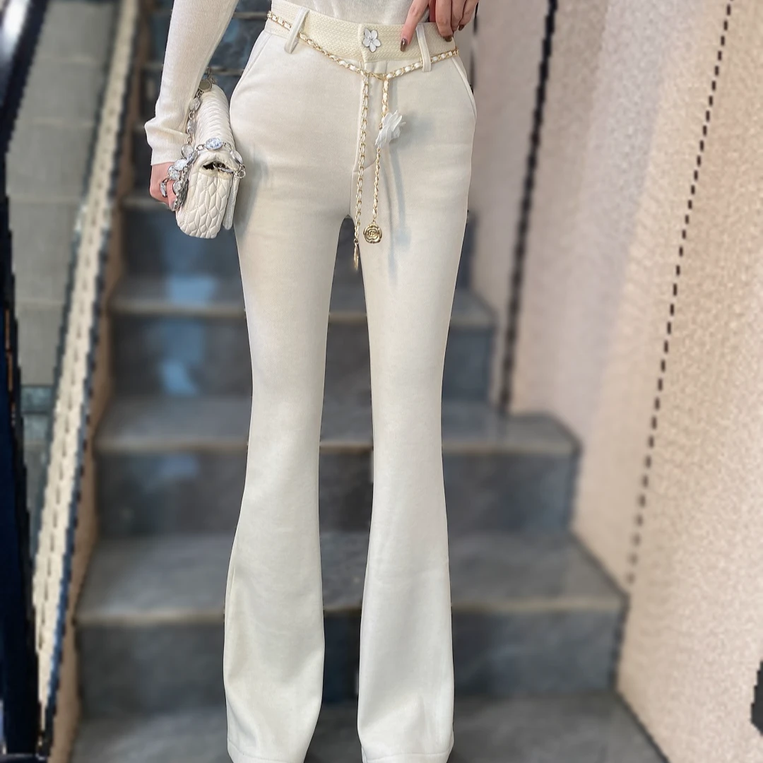 2024冬季新款加厚高腰窄版阔腿裤女潮小香风百搭休闲长裤没链带