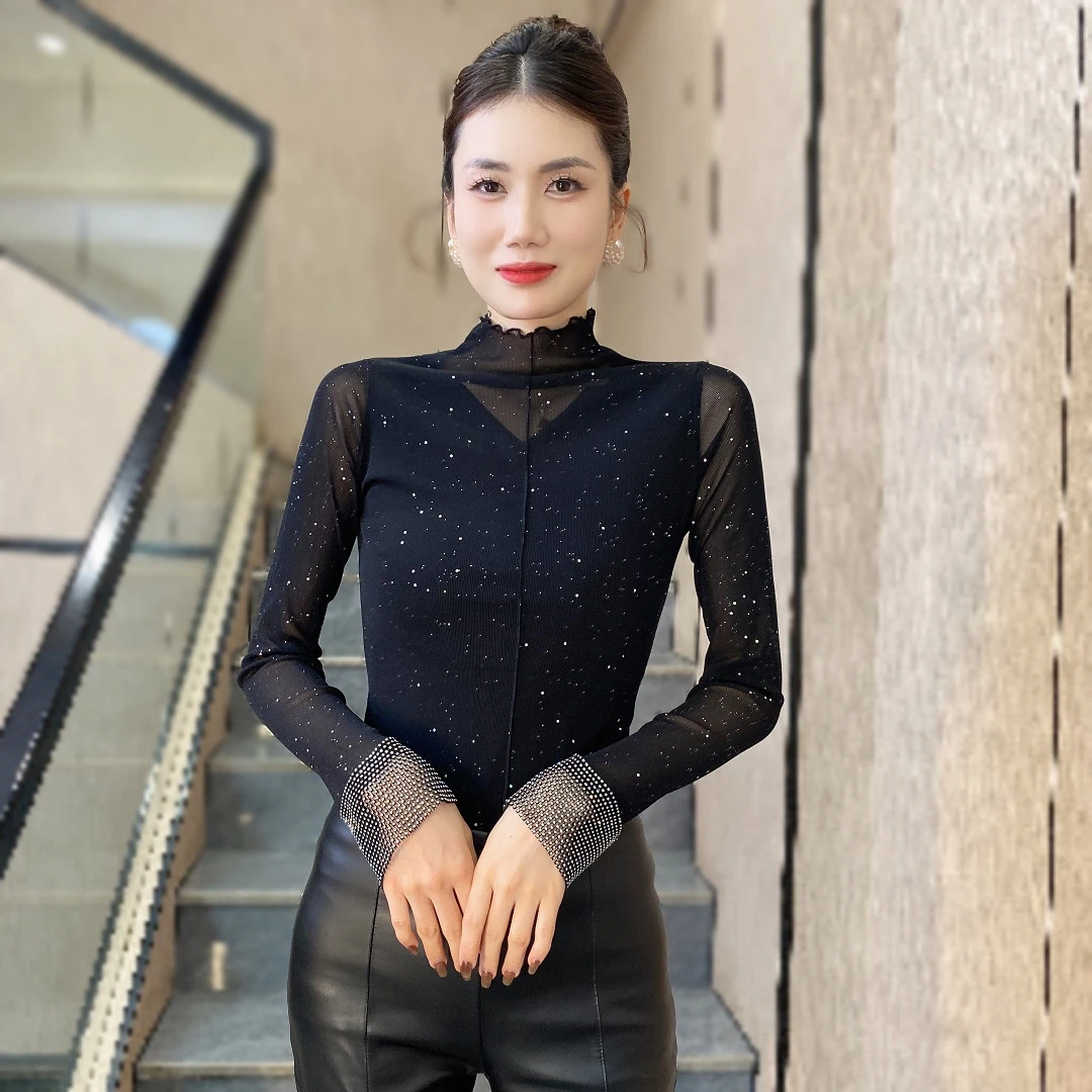 欧货时尚网纱镂空木耳边半高领上衣秋冬新款修身长袖打底衫女T恤