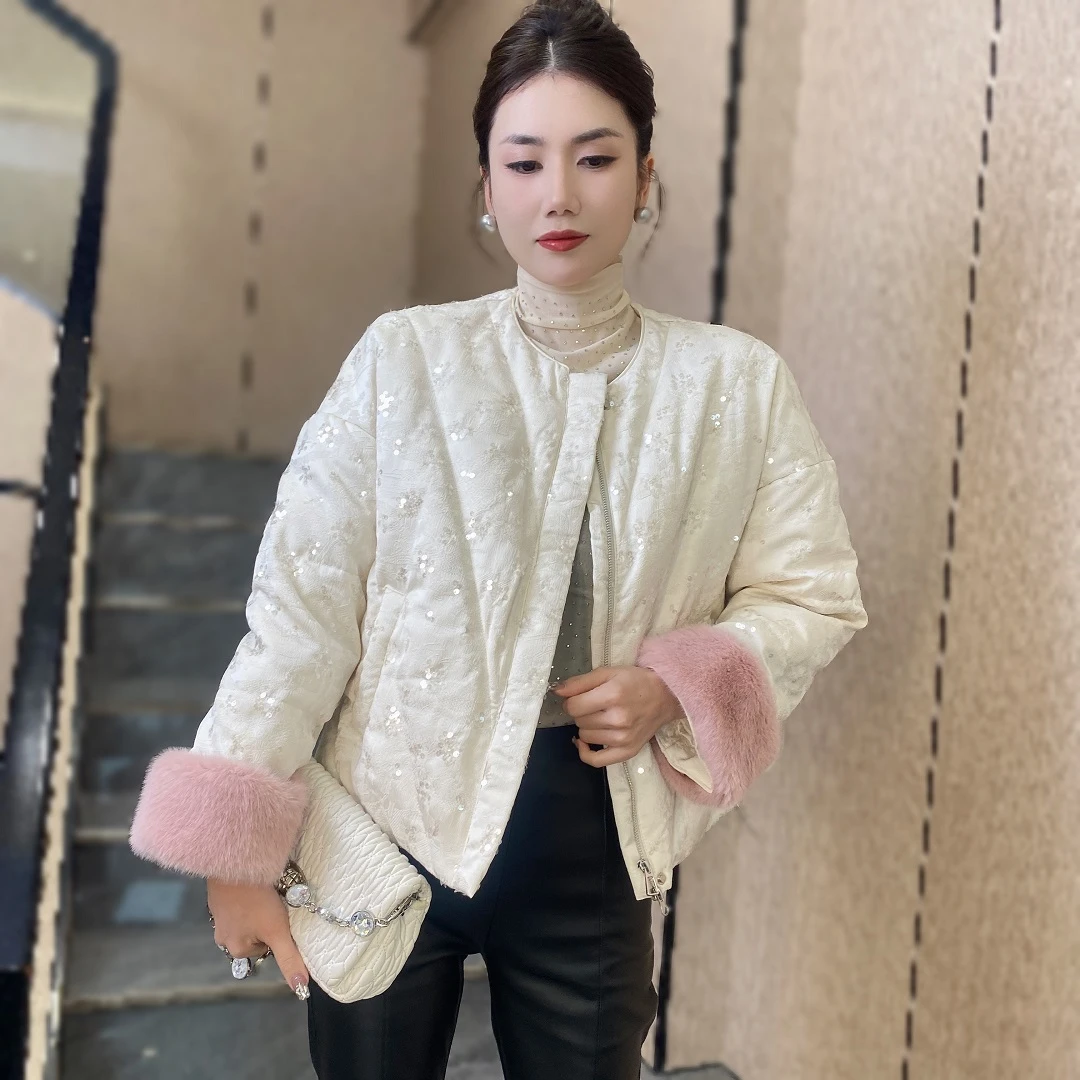 时尚重工亮片小香风羽绒服女2024冬季毛毛拼接小个子保暖外套