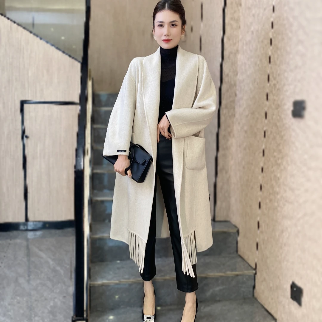 流苏翻领双面羊绒大衣女中长款2024秋冬新款浴袍显瘦羊毛外套