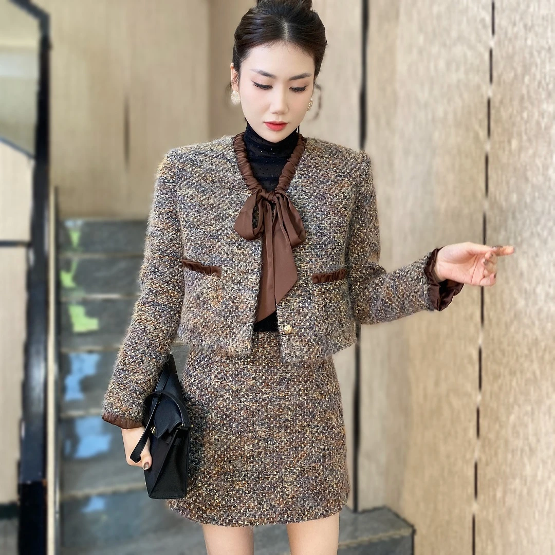 蝴蝶结马海毛小香风短裙套装女冬季气质短款外套名媛减龄两件套