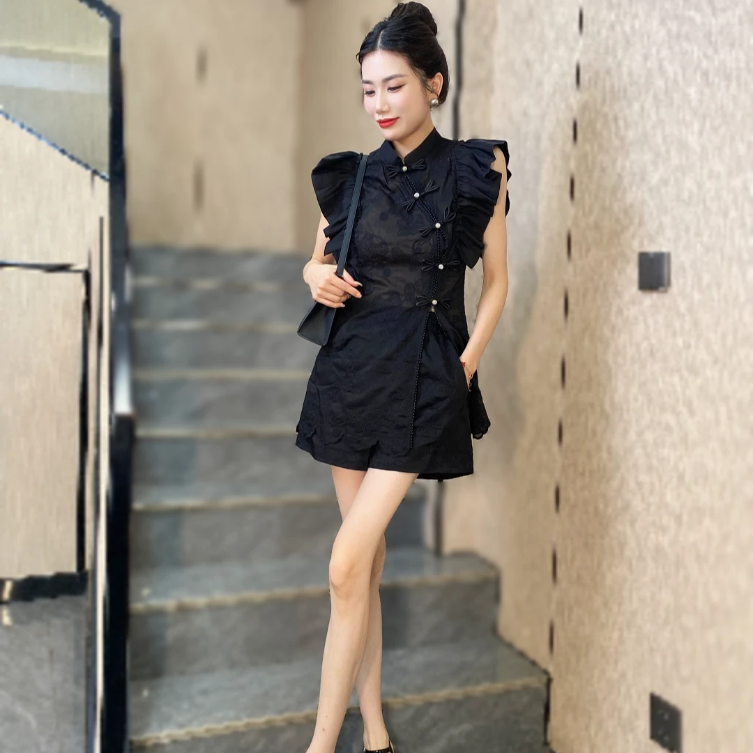 新中式中国风甜美减龄旗袍上衣两件套荷叶袖水溶蕾丝短裤套装