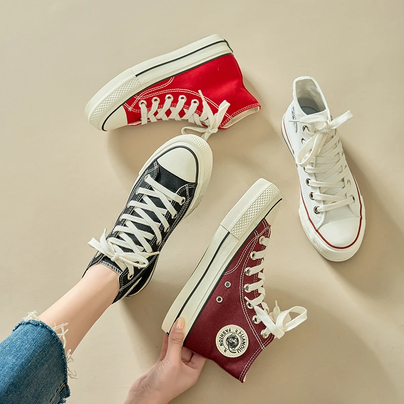 环球厚底帆布鞋1970S高帮帆布鞋女ins学生潮鞋酒红色系带运动潮流