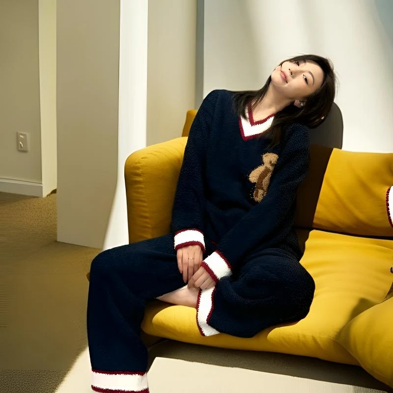 Xnisi半边绒居家服秋冬新款小熊宽松时尚气质可外穿睡衣套装女士