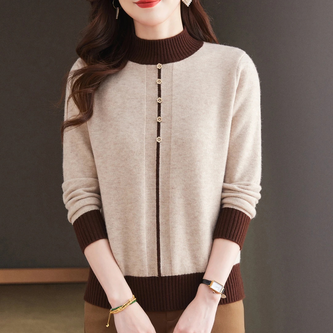 冬季新款女士宽松拼色加厚半高领针织打底衫短款套头毛衣