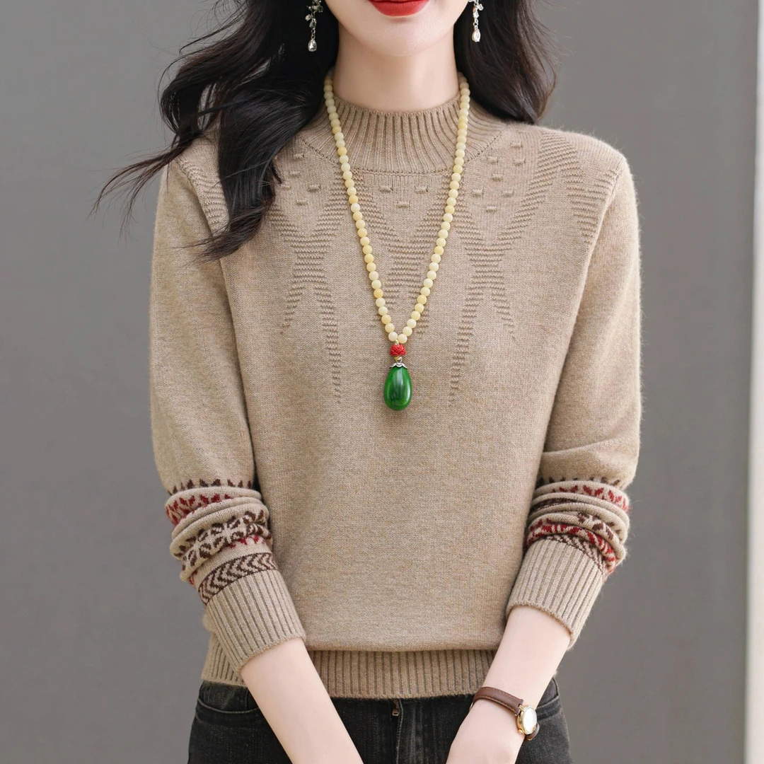 冬季新款女士宽松显瘦提花短款套头半高领加厚针织内搭打底衫毛衣