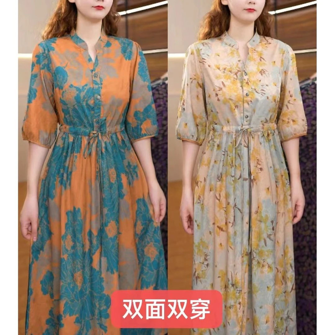 2868-32手绘牡丹+白玉兰单层双面穿舒适时尚休闲连衣裙