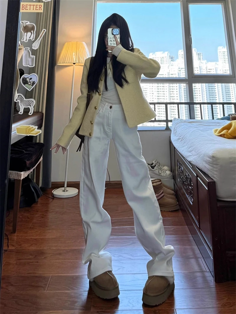 白色阔腿牛仔裤女2024新款爆款高腰宽松垂感直筒拖地裤子