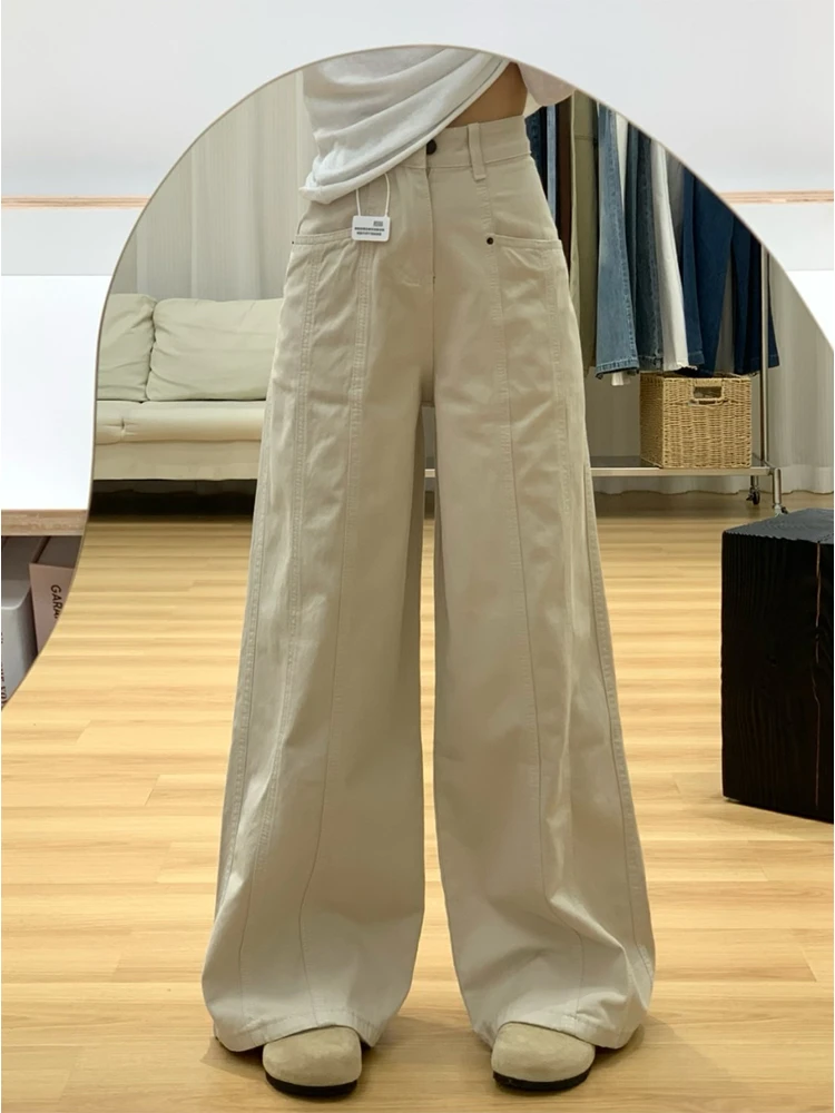 美式米杏色工装牛仔裤女秋季2024新款高腰直筒宽松阔腿休闲拖地裤