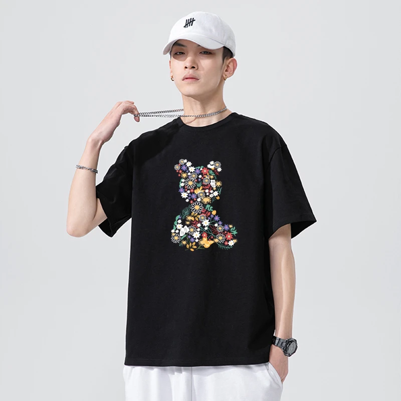 2024新款男士花花熊印花黑色短袖纯棉T恤男潮牌重磅休闲上衣夏季