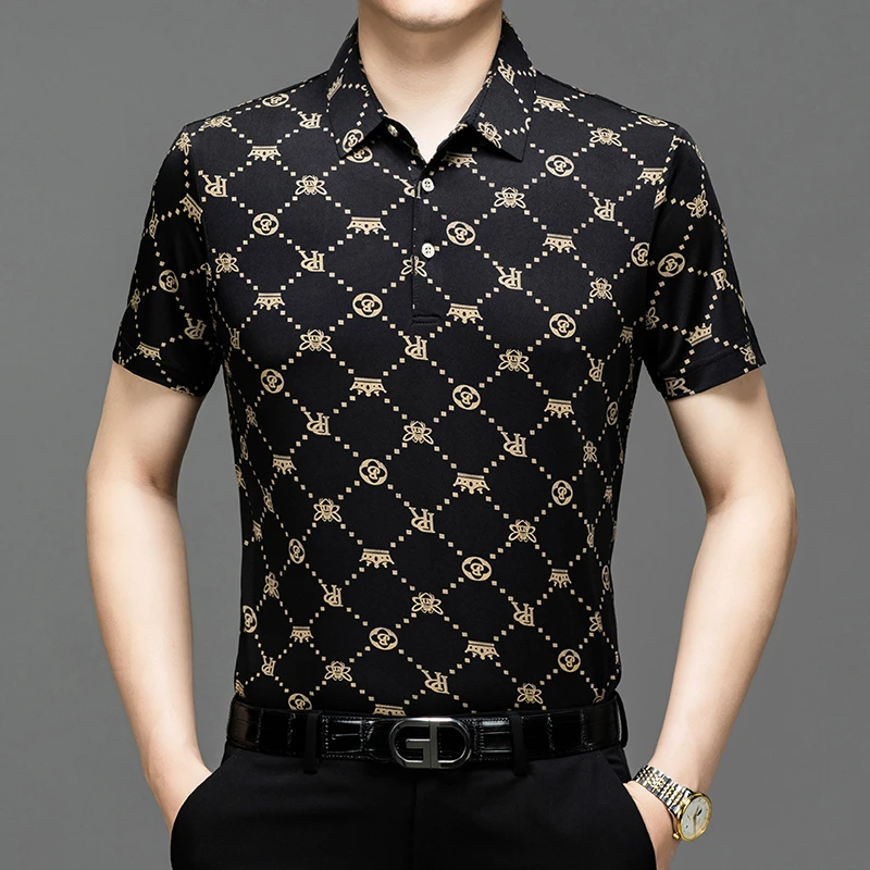 男士短袖提花冰丝POLO衫夏季中年商务休闲半袖薄款T恤polo衫上衣