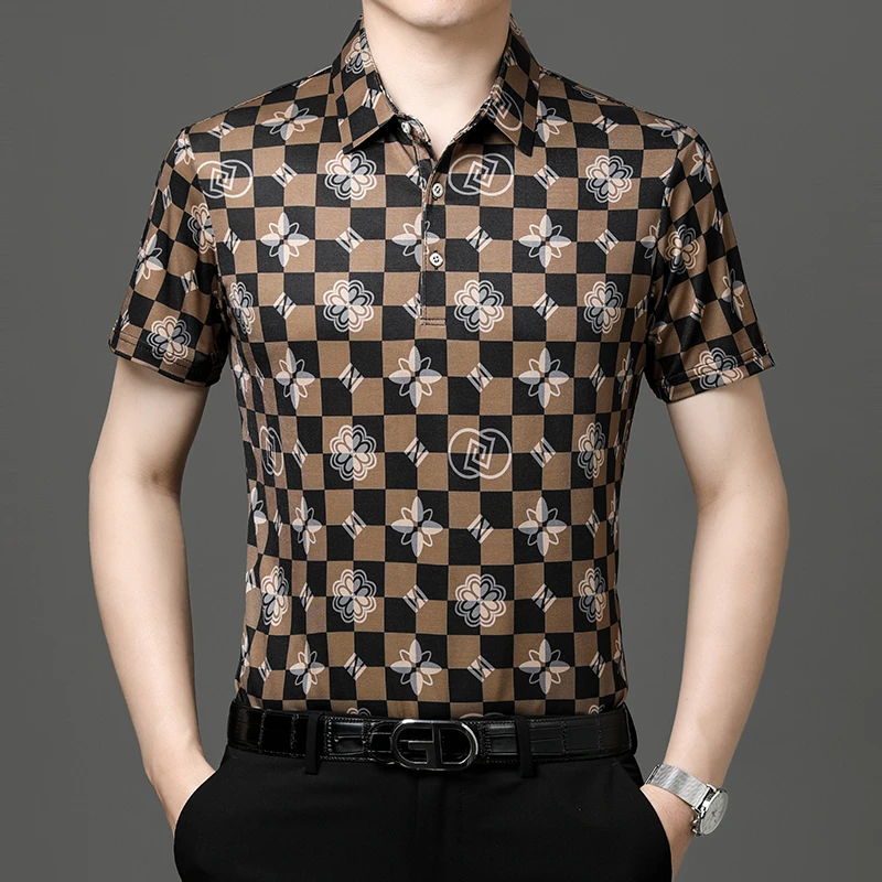 夏季轻奢男士冰丝提花短袖POLO衫中年宽松休闲半袖格子薄款上衣潮