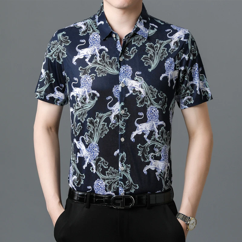 简约名品 夏季男士印花短袖衬衫中年商务休闲宽松高档衬衣薄款