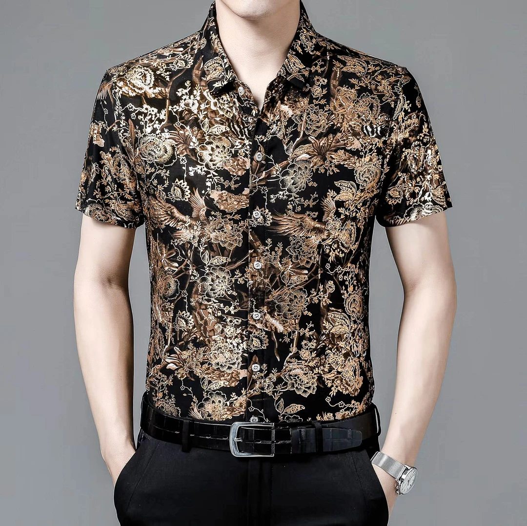 简约名品休闲冰丝凉爽短袖衬衣中年男士时尚潮流半袖烫金衬衣印花