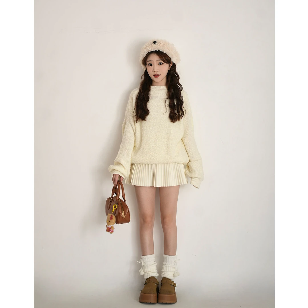 洋洋子【澳瑞白】毛圈绒宽松毛衣秋冬加厚慵懒风圆领打底针织衫上衣