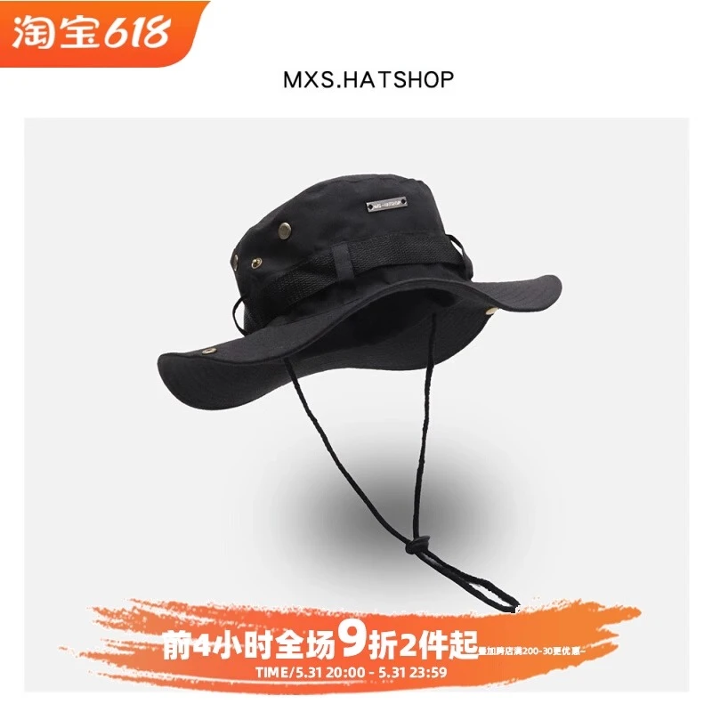 日系潮牌抽绳渔夫帽子男女夏季透气防晒户外登山钓鱼帽西部牛仔帽