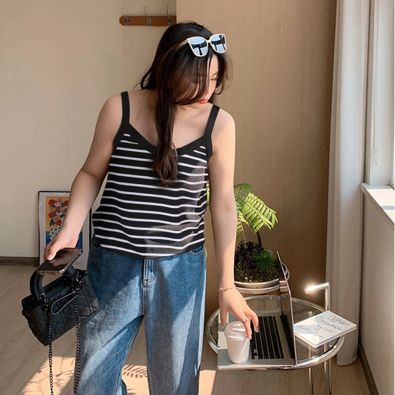 80-200斤大码女装条纹打底衫胖妹妹内搭百搭显瘦遮肚子吊带背心女