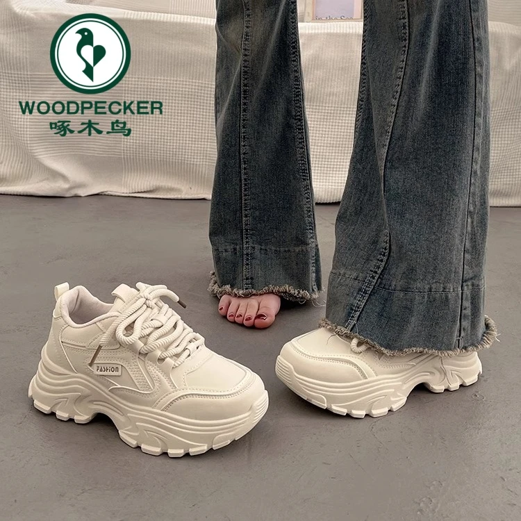 啄木鸟厚底增高老爹鞋女爆款2025春秋时尚新款港风皮面防水休闲鞋
