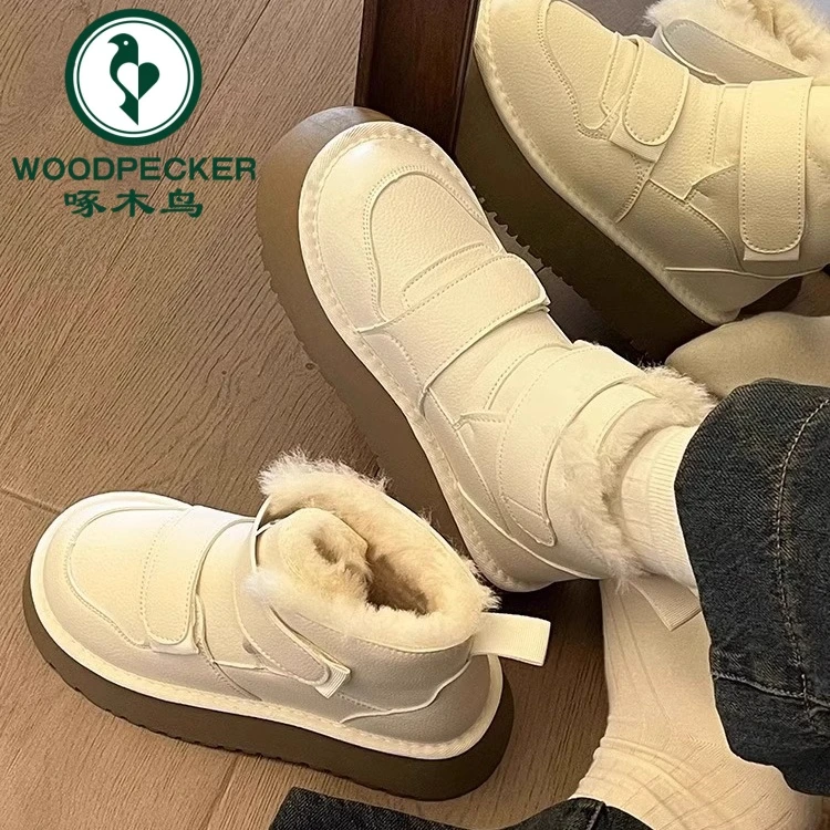 啄木鸟皮毛一体雪地靴女冬季加绒加厚2025新款魔术贴厚底防水短靴