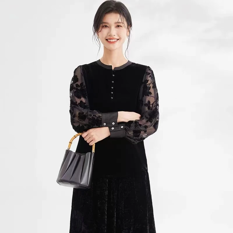 桑蚕丝丝绒上衣 百搭宽松衬衫休闲真轻奢气质  2Q275