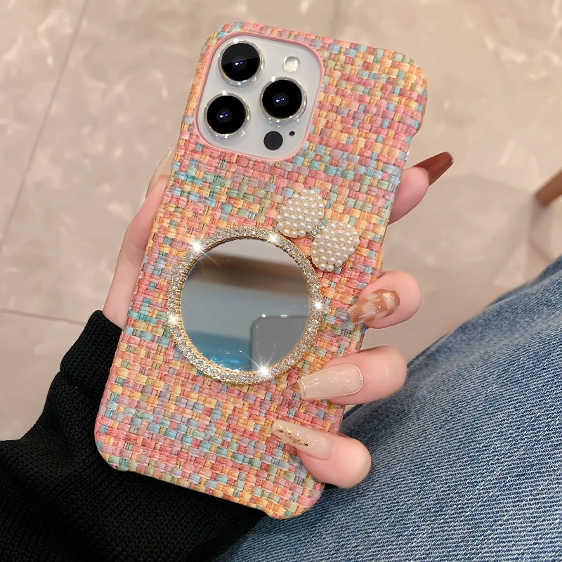 【苹果】新款iphone13/14 皮质编织 水钻镜子 全包防摔壳