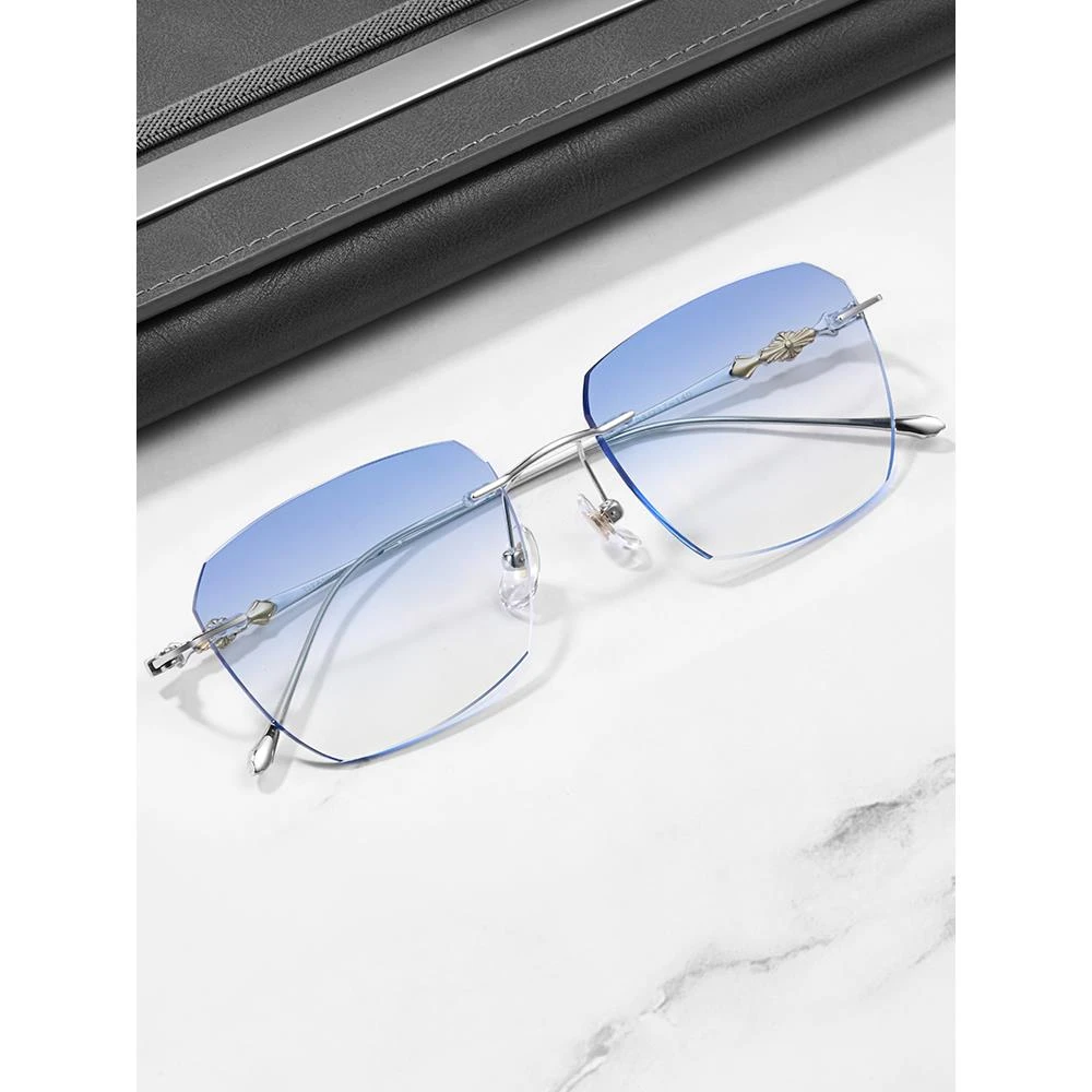 配近视眼镜男超轻无框防蓝光纯钛眼镜框潮平光散光多边形变色眼镜