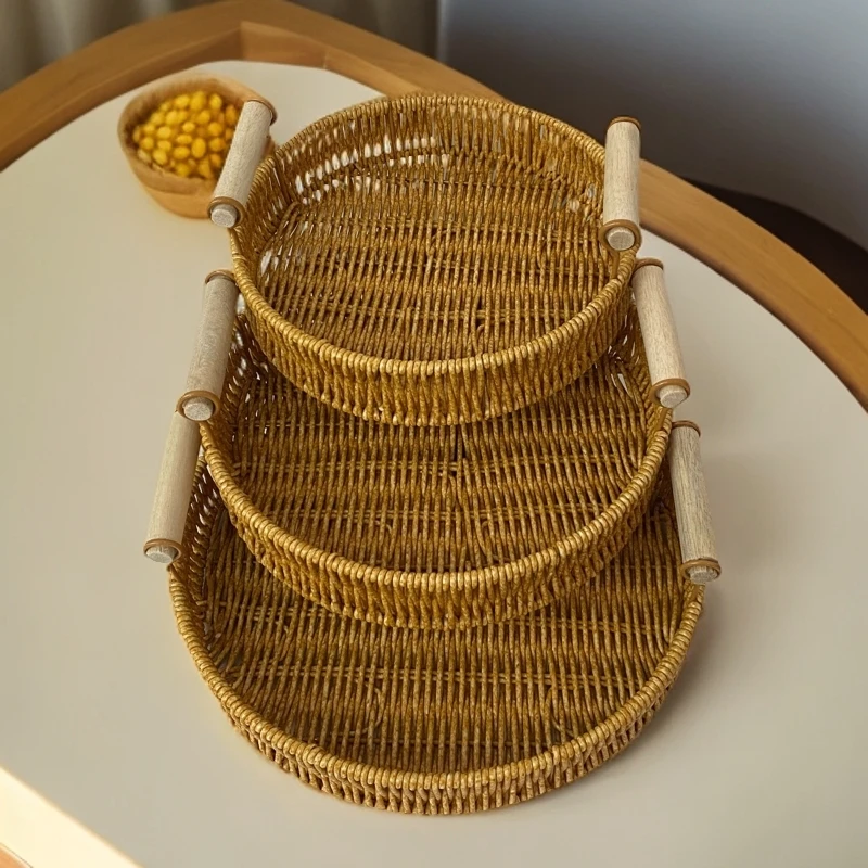M66木把手零食篮点心篮三件套客家用创意纯手工圆形仿藤编织筐