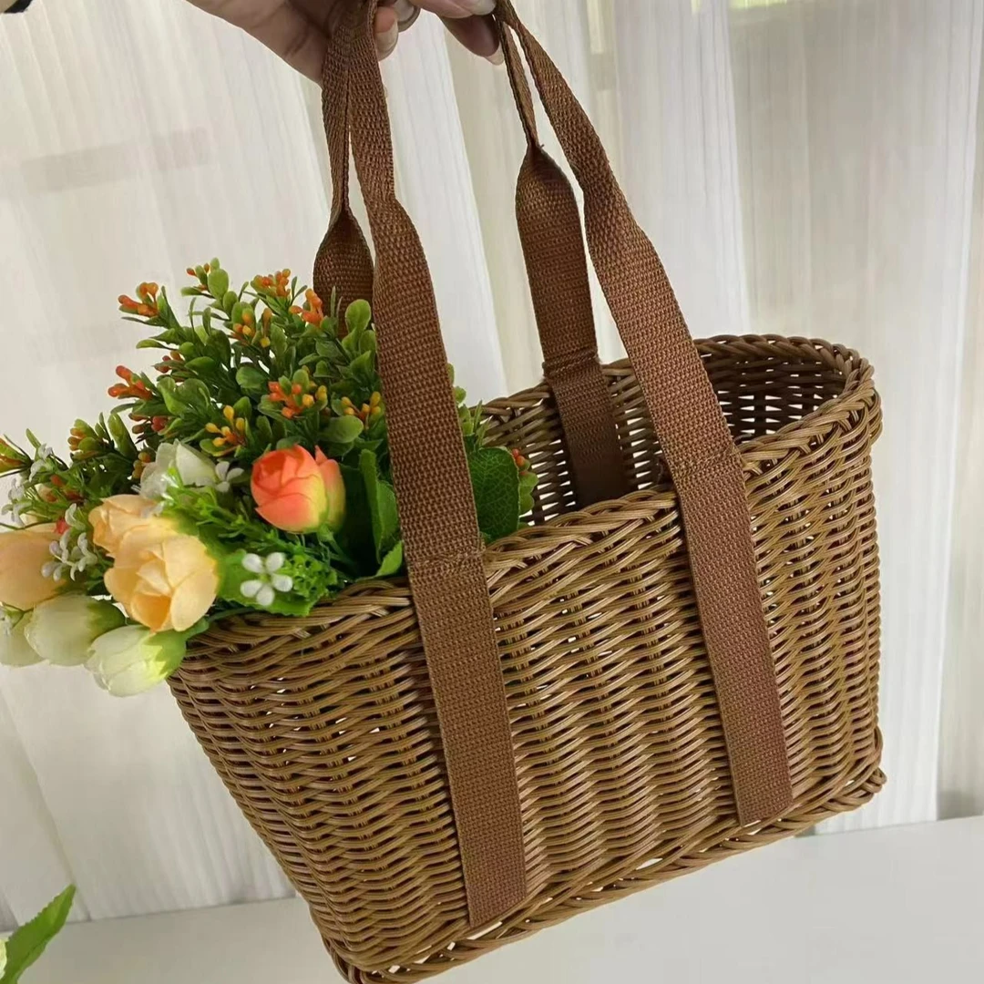 T46仿藤编手提篮菜篮子买菜野餐篮水果篮购物篮手工户外提篮子