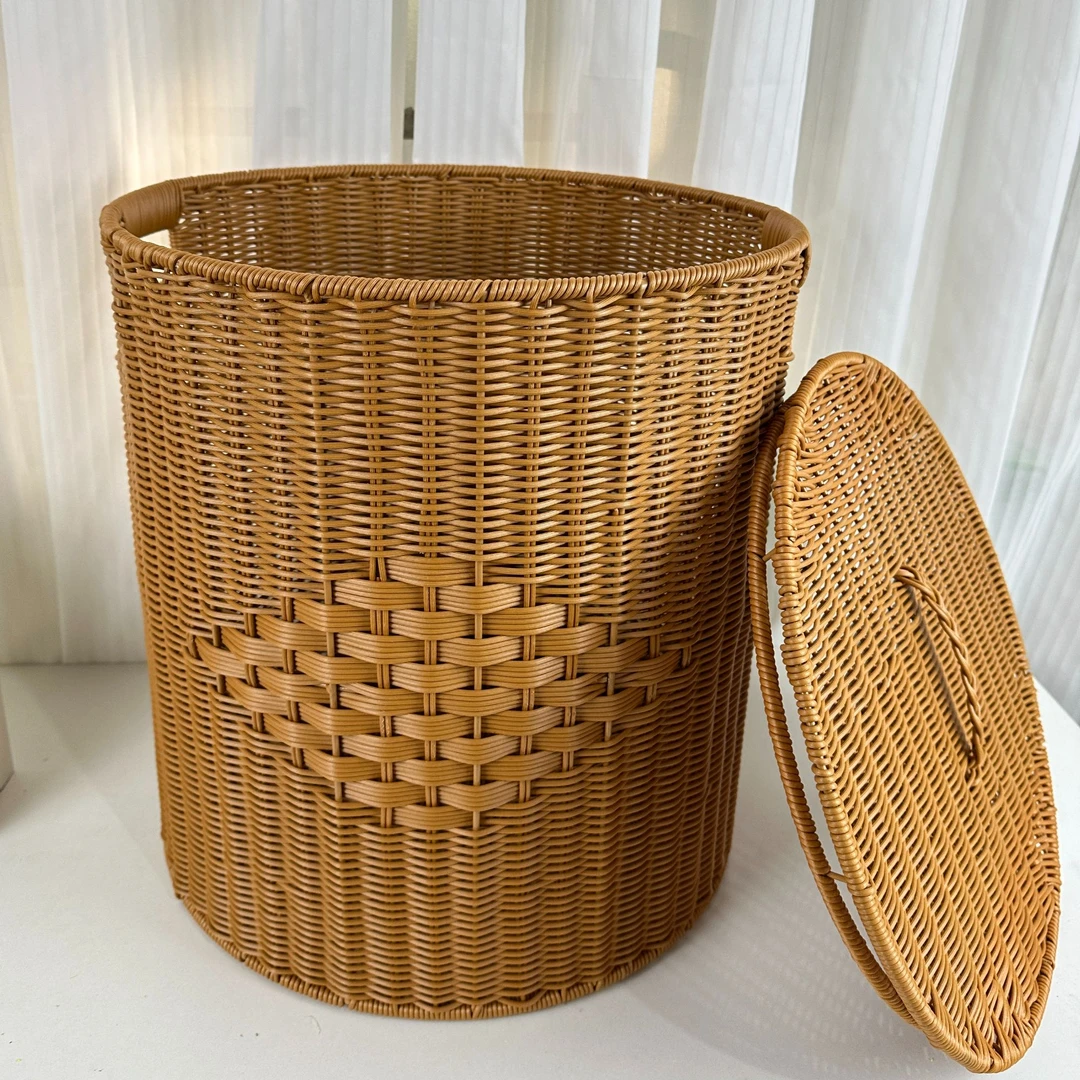 Z15带盖手工仿藤脏衣篮收纳筐衣篓圆形藤编脏衣篮玩具家用篮收纳