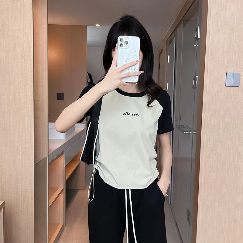 春夏款ins撞色抽绳短袖圆领字母正肩T恤百搭遮肉设计感小个子上衣