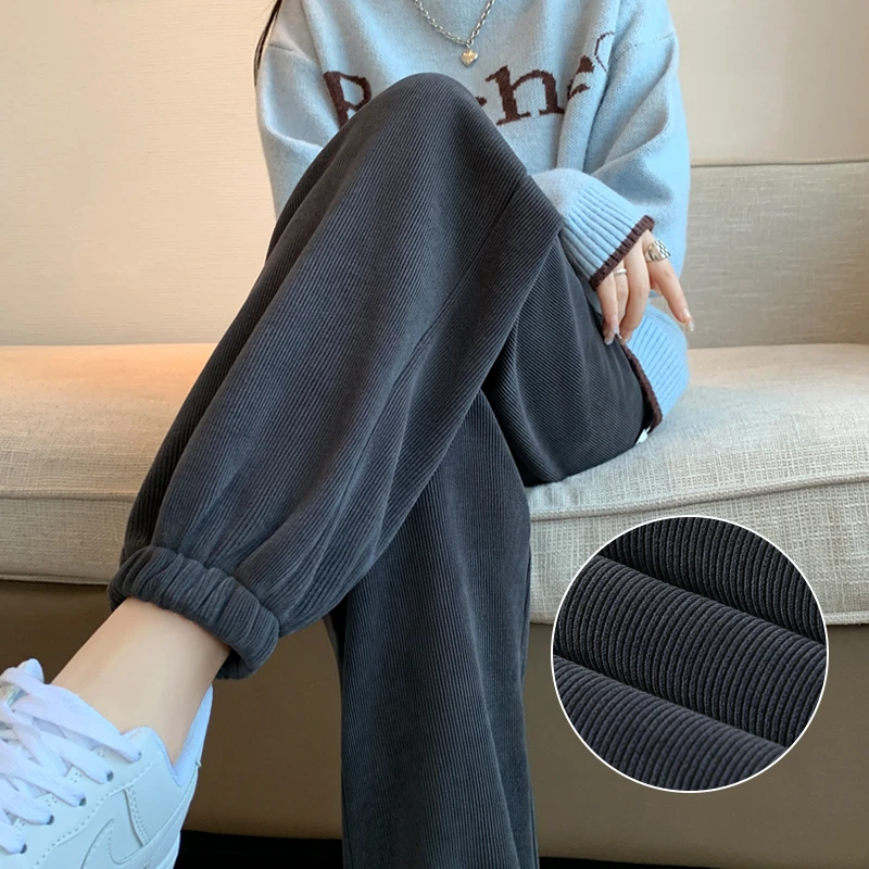 加绒卫裤女冬季新款欧棉绒窄版直筒裤春秋款微胖显瘦高腰运动裤子